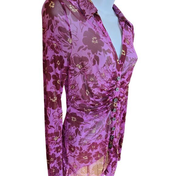 Free People Sheer Ruched Button Down Purple Floral Mesh Blouse coquette colorful - Picture 4 of 7